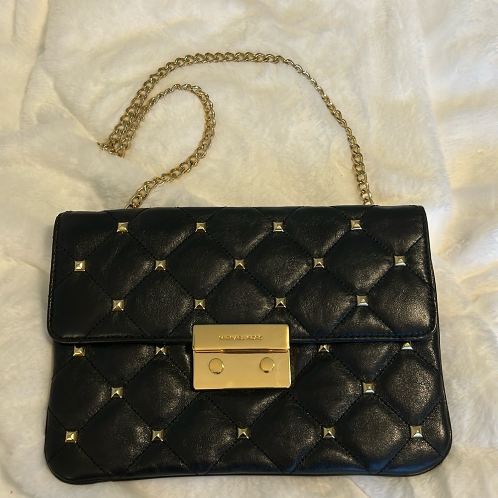Michael Kors Sloan Quilted Stud Clutch in Black with Gold Hardware